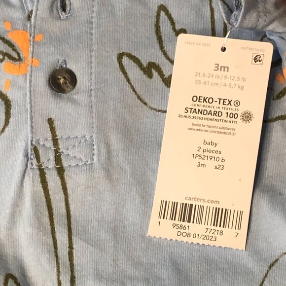 Carter's Baby Boy 2 Piece Bodysuit with Shorts Blue with Palm Trees Sun 3M - Picture 5 of 7